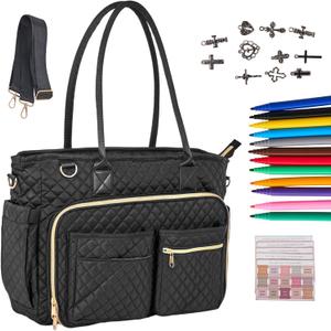 Large Bible Bag with Bible Cover Case for Women, Church Bag with Shoulder Strap, Quilted Bible Cover for Bible Study Supplies, a Christian Gift for Women, Black