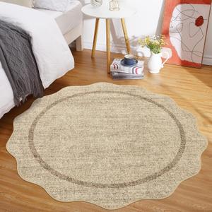 GarveeHome Scalloped Round Area Rugs, Washable Small Round Rug 3ft Non-Slip, Soft Boho Ultra-Thin Circle Low Pile Stain Resistant Carpet for Bedroom Entryway Kitchen Laundry Bathroom, Jute Color