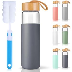 25 Oz Borosilicate Glass Water Bottles with Silicone Sleeve BPA Free, Dishwasher Safe - Reusable Clear Glass Drinking with Leak Proof Bamboo Lid | Perfect Gym Water Bottles for Men & Women (Charcoal Grey)