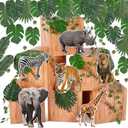 Daifunli 35 Pcs Jungle Animals Party Decoration Jungle Safari Favor Boxes with Artificial Palm Leaves for Birthday Tropical Woodland Zoo Wild Animal Party Supplies