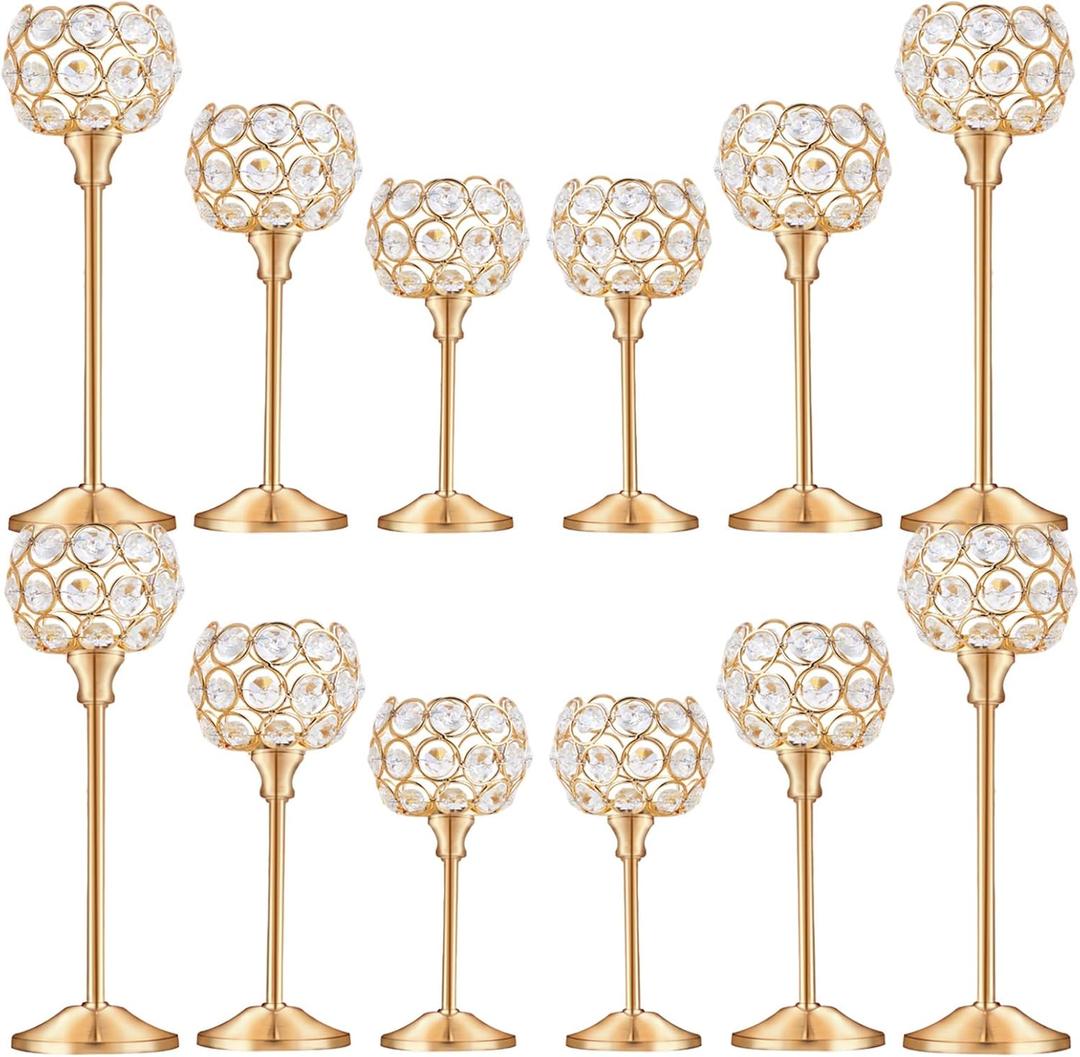 Crystal Metal Tealight Candlestick, Bling Bowl Candelabras, Tall Crystal Candle Holders Elegant Candle Centerpiece for Dining Table Wedding Home Mantel Decor(Golden, 4Sets(12 Pcs))