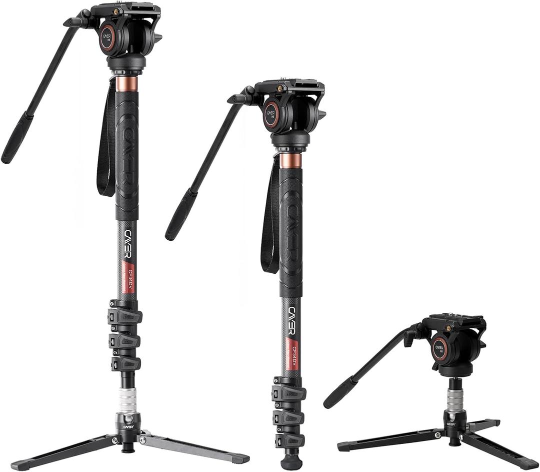 Cayer Monopod Camera Stand, Carbon Fiber Telescopic Monopods Kit with Video Fluid Head and Folding Support Base, 1 Extra Sliding Plate, for DSLR Video Cameras & Camcorders, CF34, 72 Inch