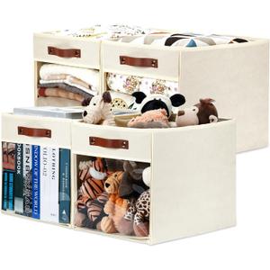HNZIGE Fabirc Storage Cubes Bin 13x15x13 Clear Storage Cube, 4 Pack Foldable Cloth Cubby Storage Bins for Cube Organizer Closet Cabinet, Large Fabric Storage Bins for Shelves Organizer Bins- Cream