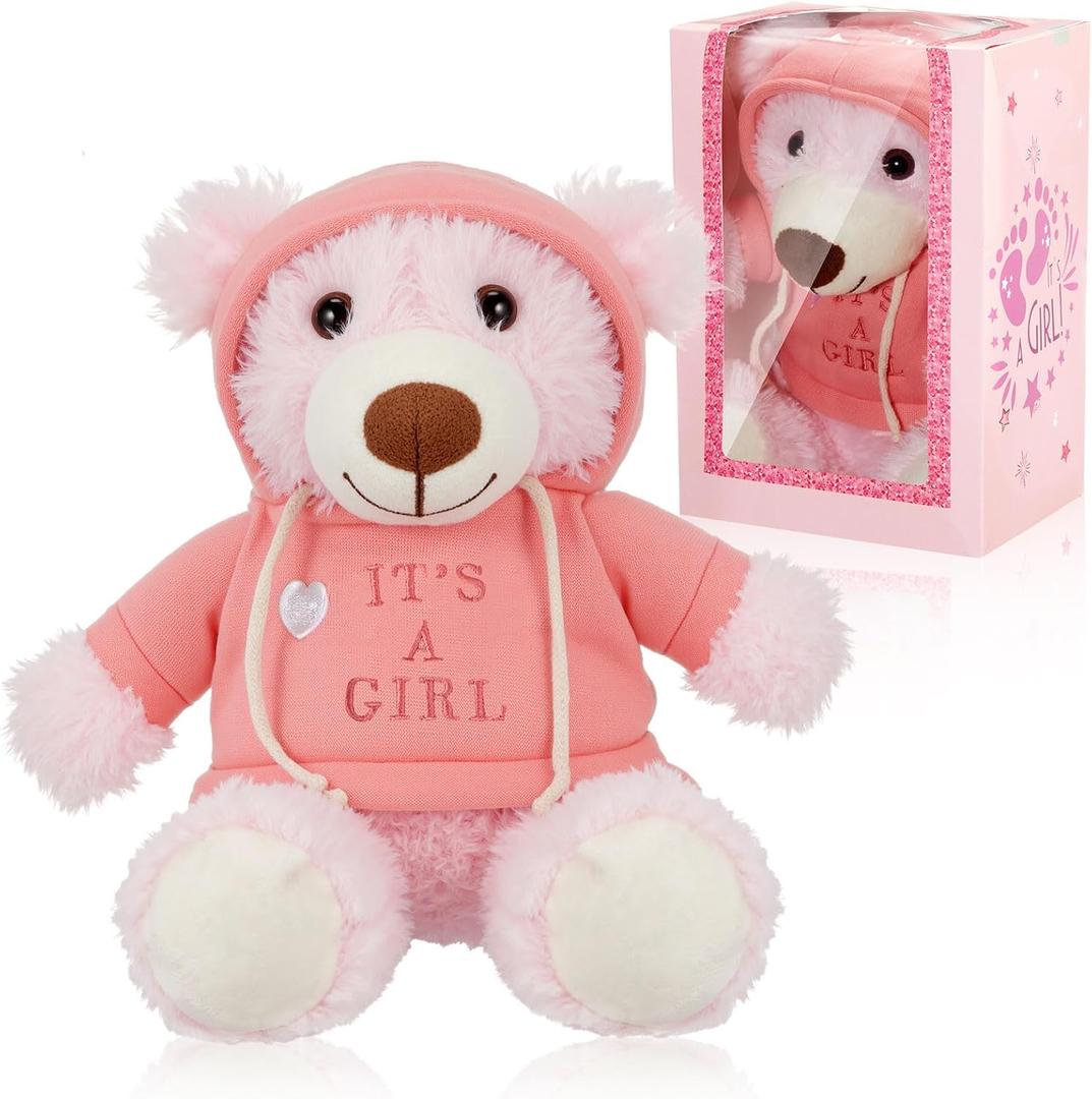 Hollowfly It's a Girl Gifts Bear Stuffed Animal with Gift Box Removable Pink Hooded Clothing, Pink 9.8 Inch Bear Plush for Gender Reveals Baskets, 9.84 inches