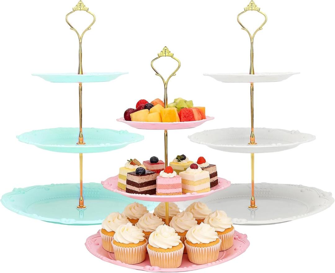 Sibao 3 Tier Plastic Dessert Table Display Set- 3 Pack Round Cupcake Stands With 9 Tray,Reusable Fruit Cake Candy Tower Platter For Party,Wedding,Birthday,Dinner And Celebration