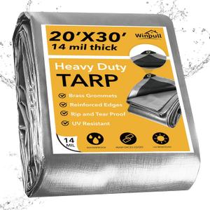 Winpull Tarp 20x30 Feet 14 Mil Heavy Duty Waterproof Tarp, Large Multipurpose Cover with Brass Grommets and Reinforced Edges, UV Resistant Thick Poly Tarps for Outdoor Camping Tent Pool Car