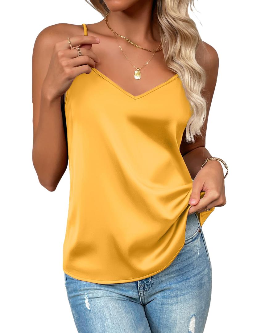 Zeagoo Women's Silk Satin Tank Tops 2026 V Neck Adjustable Spaghetti Strap Sleeveless Camisole Summer Basic Blouse Yellow L 