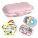 1Pack Travel Pill Organizer & 56 Medicine Name Stickers, 8 Compartments Portable Pill Case, Small Pill Box for Pocket Purse Portable Medicine Vitamin Container (Pink with Stickers)