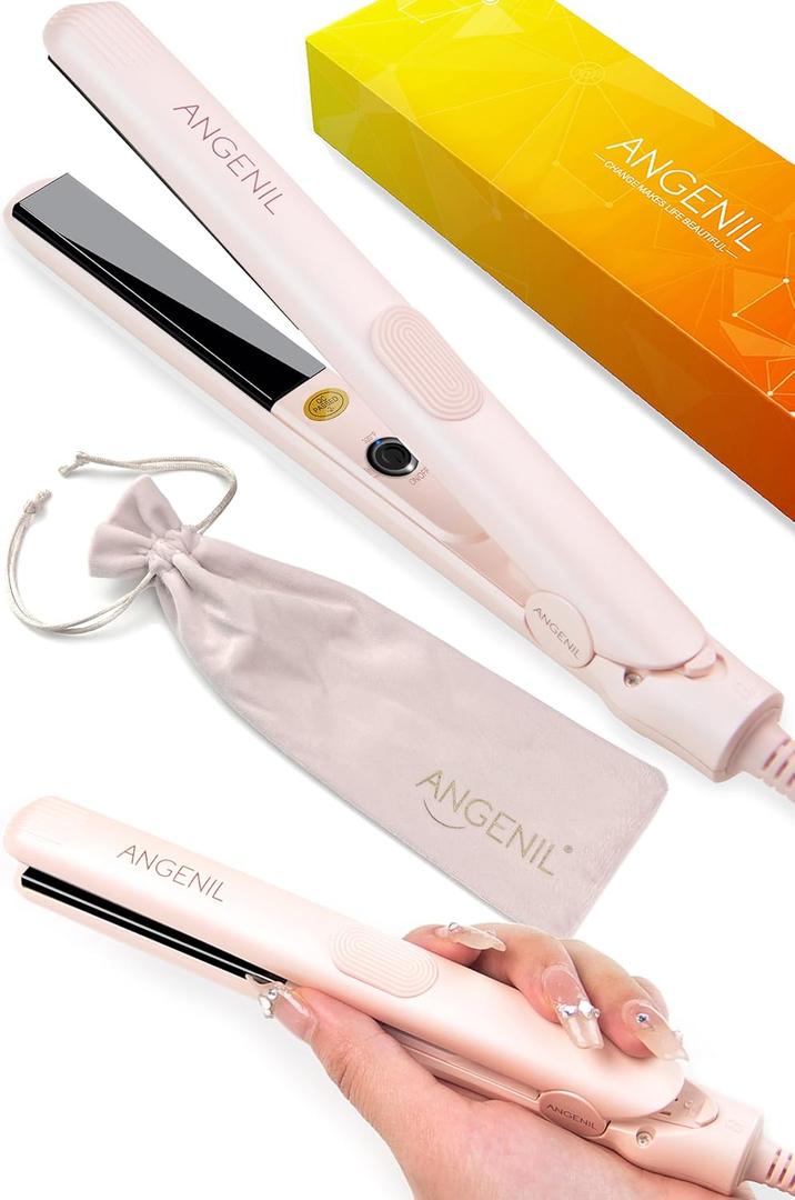 ANGENIL Pro Mini Flat Iron for Short Hair, Dual Voltage Mini Hair Straightener, Small Flat Iron 0.7 Inch, Travel Size Anti Scalding Silicone Hair Straightener, Suitable for Short Hair, Bangs, and Fine (Pink)