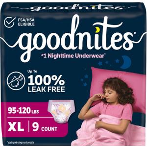 Goodnites Girls' Nighttime Bedwetting Underwear, Size Extra Large (95-120 lbs), 9 Ct,