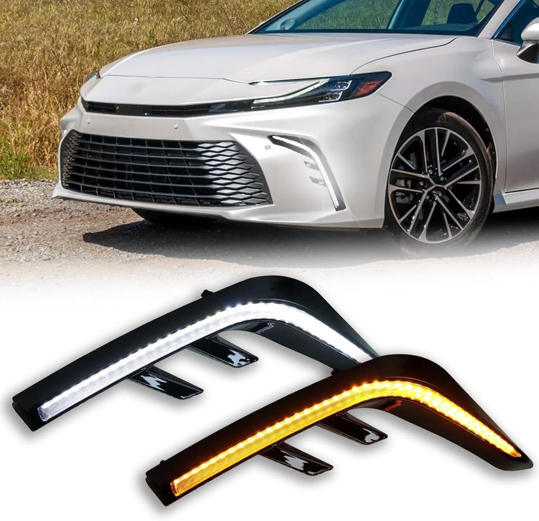 Switchback White/Amber LED Front Bumper Fog Light Daytime Running Lamp Amber Sequential Turn Signal Light Feature Compatible with Toyota Camry 2025 LE XLE Replacement Front Bumper Trim