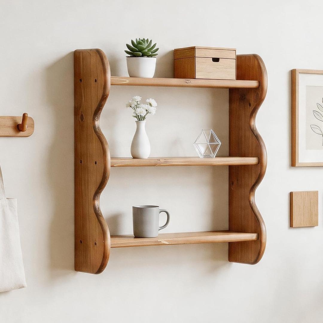 Vintage Wooden Wall Shelf, 100% Solid Wood 3 Tier Wall Shelves, Rustic Wall Mounted Home Decor Trinket Shelf Display Shelves for Apartment, Kitchen and Bedroom