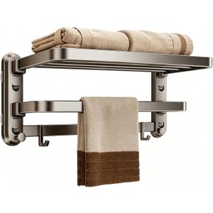 Towel Racks for Bathroom 15.74Inch Towel Shelf with Towel Bars Foldable Towel Holder with 5 Hooks Suction Cup Wall Mounted No Drilling Damage Free Towel Storage Organizer