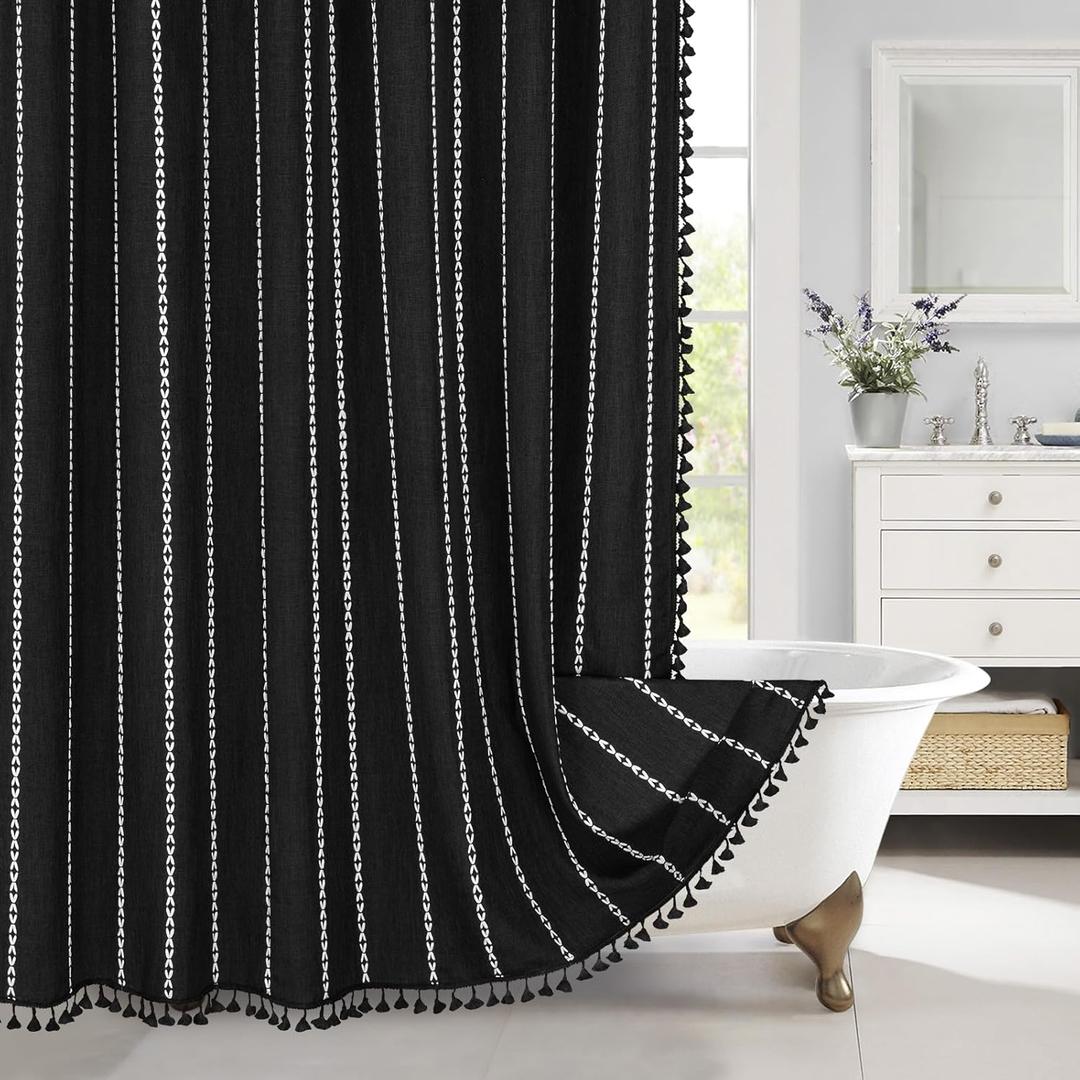 MitoVilla Boho Extra Long Shower Curtain 72 x 84, Black 84 inch XL Cotton Linen Tassel Fabric Shower Curtain Set with Hooks for Vintage Country Farmhouse Bathroom Decor, Thick & Wrinkle Resistant