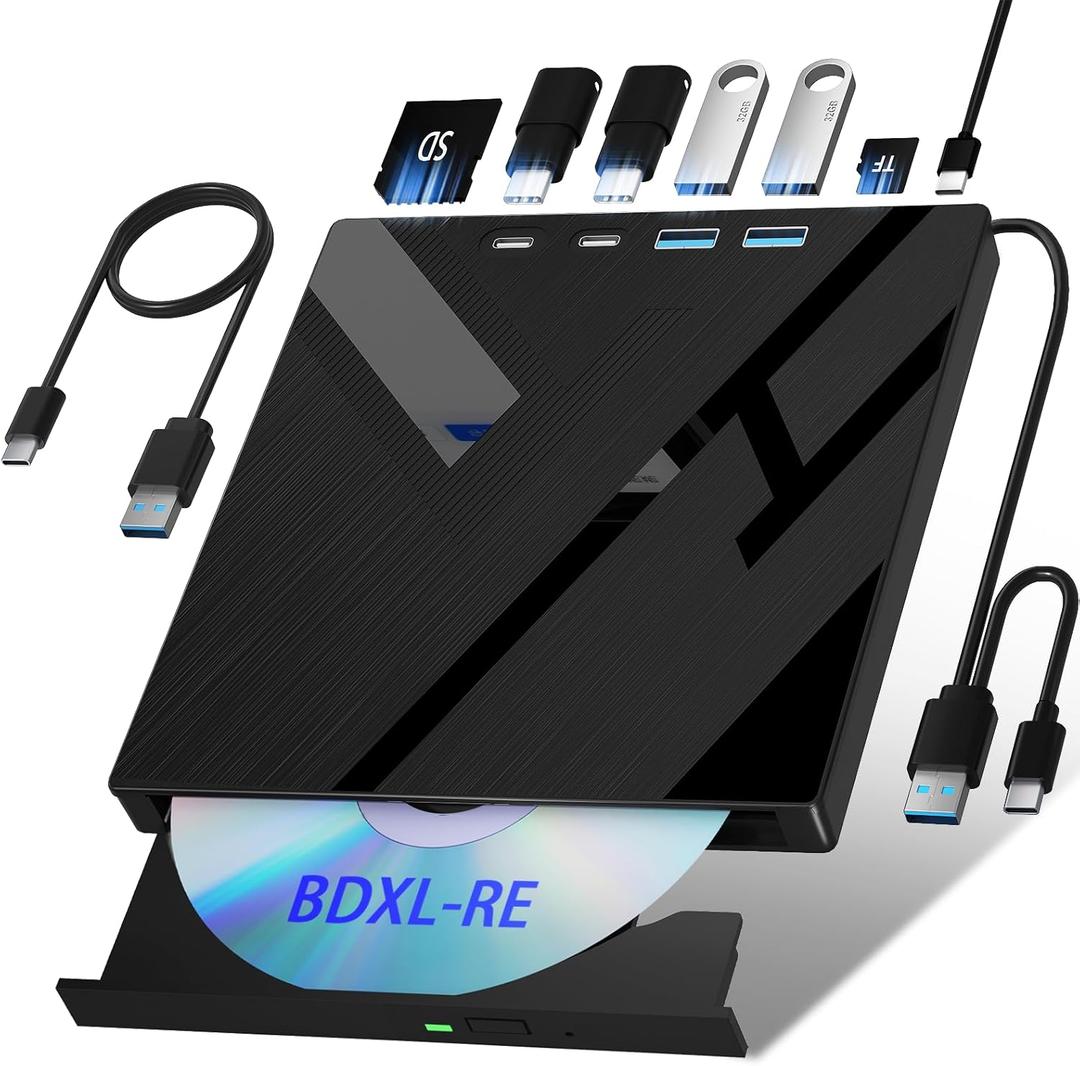 Wbacon 7 in 1 External Blu Ray Drive, External Blueray/DVD Drive for PC with SD/TF Port Blu Ray Burner, Support 100G Disc R/W for PC External Blu Ray Drive for Windows Linux MacOS Laptop Desktop
