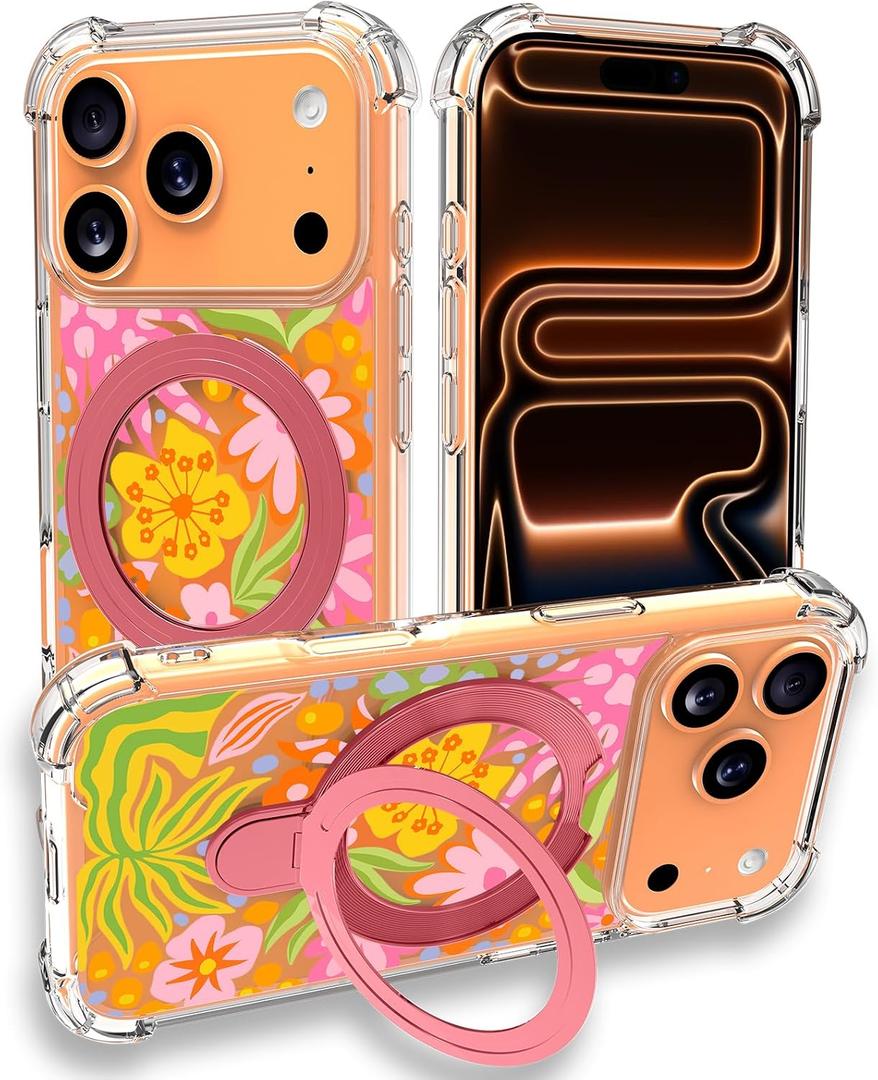 Clear Magnetic Cover Ring Stand Military-Grade Slim Case for iPhone 17 Pro Max - Colol Flower Ball
