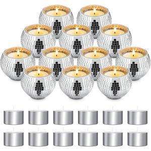 Luditek Disco Ball Candle Holders, 12 Pcs Mirror Silver Decor for Christmas Birthday Wedding NYE Party Decorations, Glass Votive with Tealights for Home Table Centerpiece, Gifts for Women