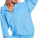 Womens 2 Piece Solid Velour Tracksuits Two Piece Velvet Lounge Outfits for Women, Long Sleeve Hoodie Tops Sweatsuits Casual Zip-Up Jacket Workout Pants Matching Set with Pockets, Sports Jogging Sets (Blue, S)