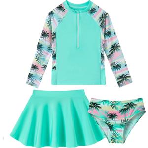 Girls Rash Guard 3 Piece Swimsuit Set UPF 50+ Long Sleeve Swim Skirt Sets Size: 11-12 Years (Palm Tree)