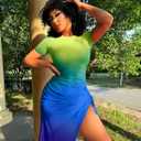 GOKATOSAU Women's Sexy Bodycon Short Sleeve Slit Ruched Summer Club Party Midi Dress Gradient Yellow (XL)