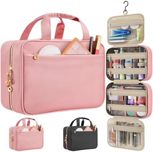 Voyree Travel Toiletry Bags, Portable Travel Bag with Hanging Hook for Women, Waterproof and Hanging Makeup Bag Travel Organizer Accessories for Travel Essentials (Pink, Large)