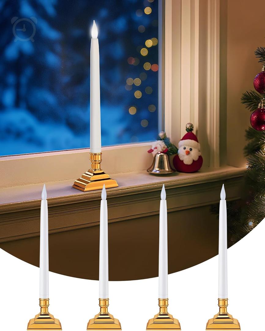 SURAIELEC Battery Operated Window Candle with 6H Timer, 10.5'' Taper Xmas Window Candle, Clear White Flameless LED Candles, 1.7 Narrow Base, Gloss Gold, 4-Pack (Rechargeable Battery Not Compatible)