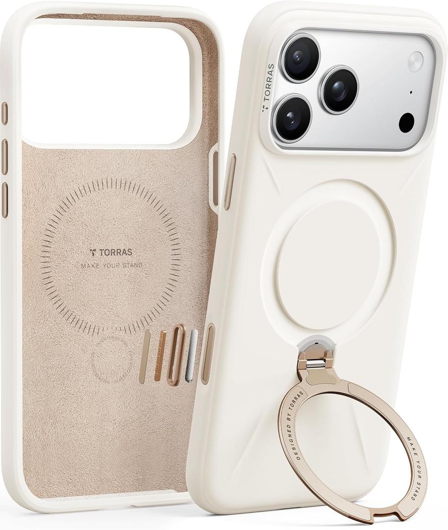 TORRAS Q3 Silicone for iPhone 17 Pro Case with Stand, Fit for MagSafe, Magnetic 360 Spin Kickstand with Camera Control, Liquid Silicone Rubber Soft Phone Case for iPhone 17 Pro, Light Ivory