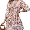 Qearal Women's Casual V Neck 3/4 Sleeve Boho Floral Printed Loose Short Flowy Summer Beach Vacation Dress (Large, Coffee White)