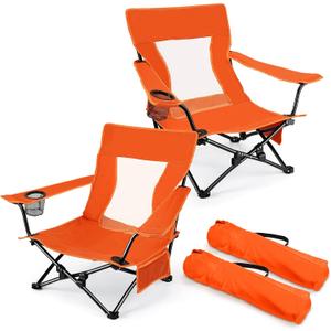 Joyfair Beach Camping Chair (2 Pack), Outdoor Folding Lawn Chair for Adults, Heavy Duty Portable Chair with Armrest for Outside Fishing, Sport, Patio, Cup Holder & Storage Pocket, Carry Bag (Orange), 27in x 23in x 26in