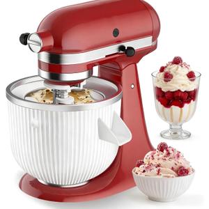 Ice Cream Maker Attachment for KitchenAid, Ice Cream Bowl Fits KitchenAid 4.5/5QT/ 6QT&7QT Mixers, Frozen Ice Cream & Sorbet Gelato Maker, 2 Quart, White