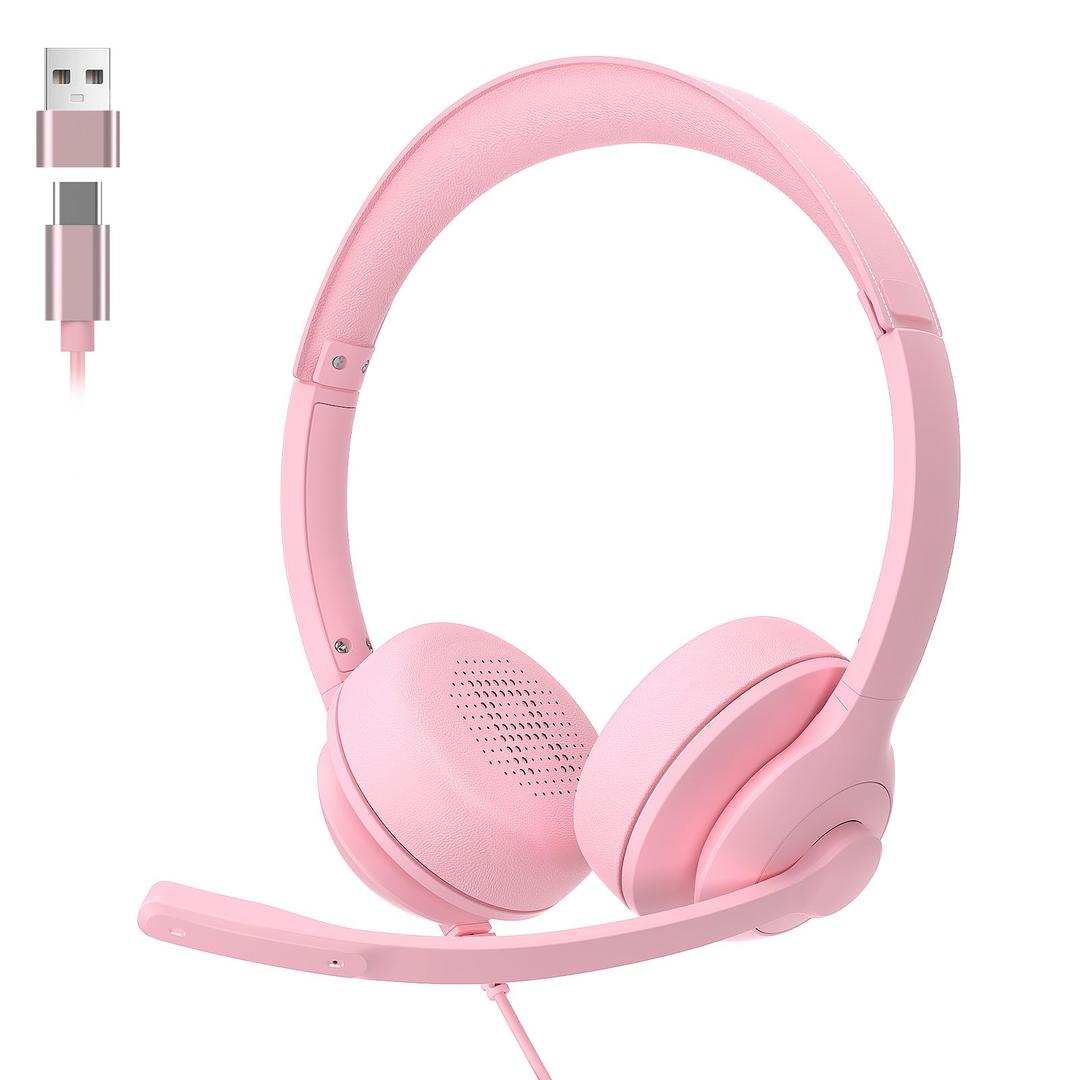 USBC/USBA Wired Headset with Noise Cancelling Microphone | OnEar Office Headphones for PC/Laptop | Mute Button & AllDay Comfort for Call Center, Video Conferencing, Remote Work,Online ClassPink