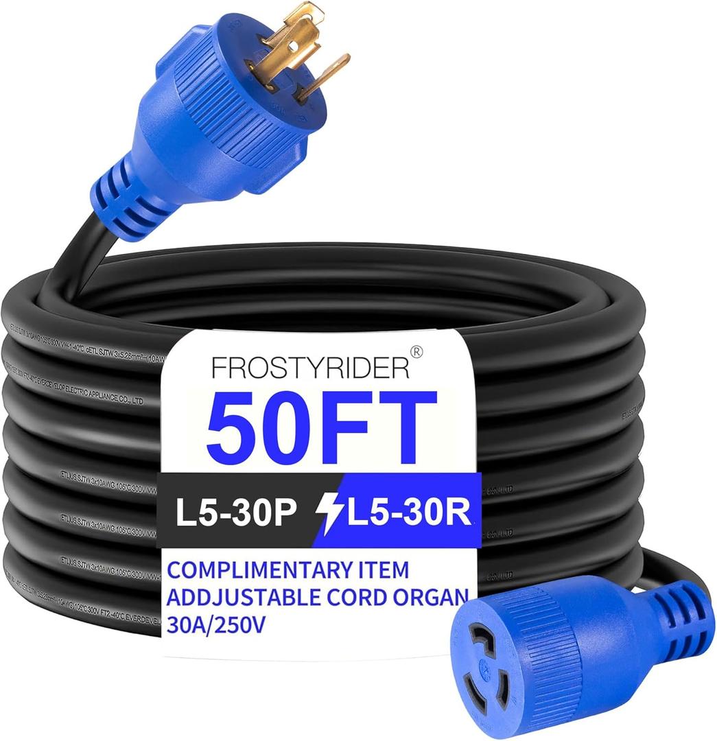3 Prong 30 Amp 50 Foot Generator Extension Cord, NEMA L5-30P/L5-30R, 125/250V Up to 7500W 10 Gauge SJTW Generator Cord, ETL Listed
