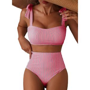 Herseas Women's Tie Shoulder Bikini Sets 2 Piece Striped Swimsuits High Waisted Bathing Suits (Red, L)