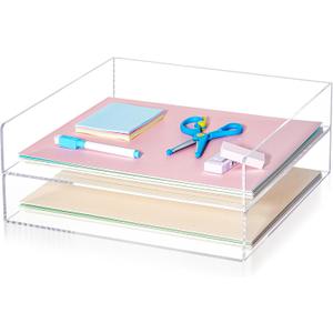 Yulejo 2 Pcs 12.4 x 12.4 x 2.36" Acrylic Desk Organizers Accessories Paper Storage Tier File Office Organizer Tray Stackable Document Clear Desk Accessories for Office Workspace Organization