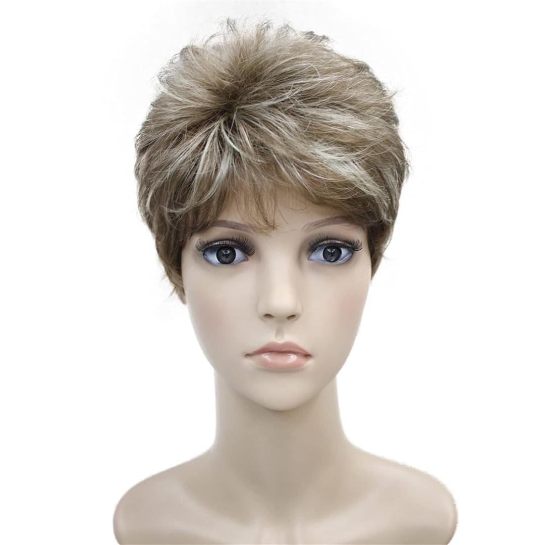 Wiginway Short Synthetic Wigs Light Brown with Highlights Fluffy Straight Full Bang Capless Heat Resistant Fiber Wigss for Women