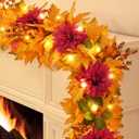 Fall Garland for Mantle, 5.9 FT Fall Garland with Lights Artificial Dahlia Flowers Maple Leaves Berries, Fall Decorations for Home Front Door Fireplace Mantel Thanksgiving Decor (1 Pack)