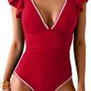 Women's One Piece Ruffle Swimsuit Tummy Control Bathing Suit V Neck Shell Stitched Swim Suit Slimming Swimwear (Medium, Red and White)