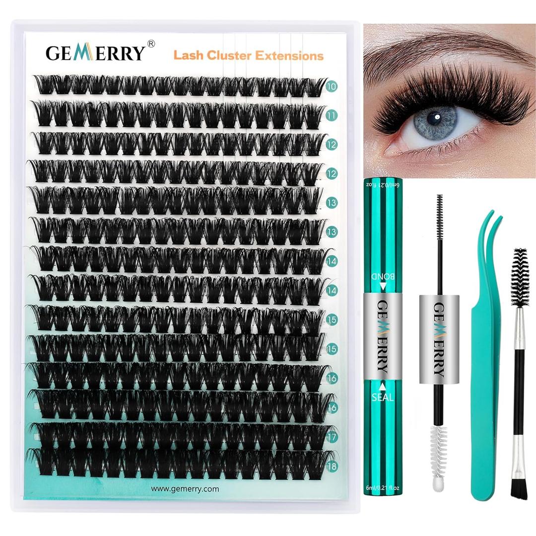 GEMERRY Eyelash Extension Kit Thick Curl Fluffy Clusters Kit With Lash Bond and Seal, Tweezers, DIY Lash Extension (80P-10-18mm) (Beginner Set-80D)