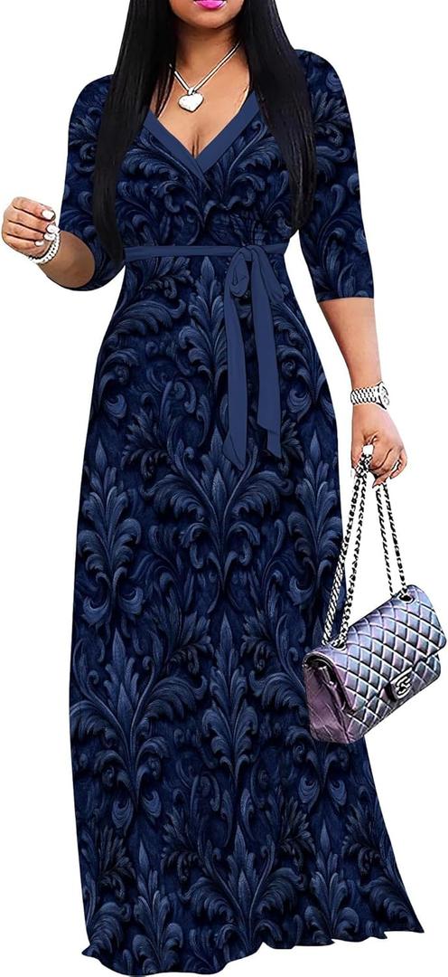 PinkPatty Plus Size Maxi Dress for Women 3/4 Sleeve V Neck Printing Dress Wedding Guest Sundress with Belt (A-Navy Blue 2XL)