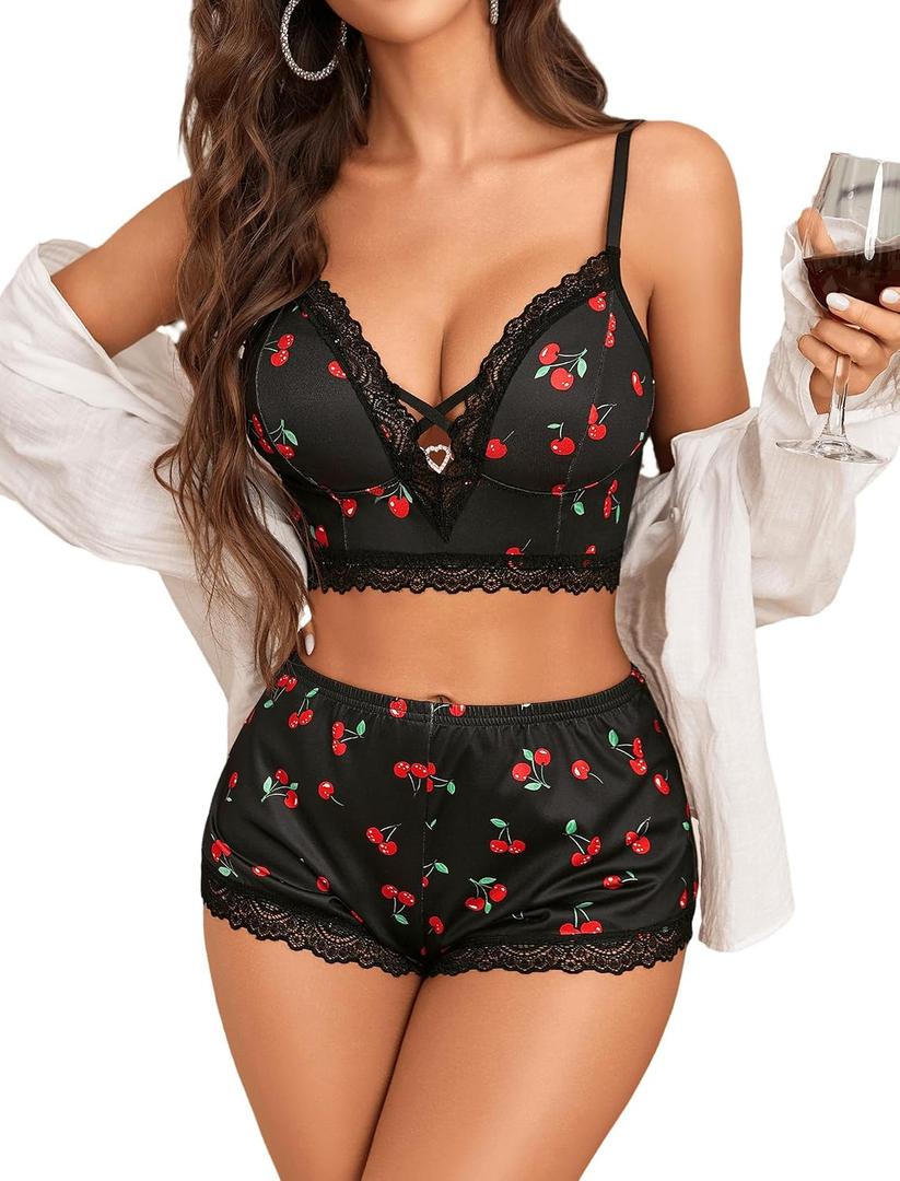 Avidlove Sexy Pajamas V Neck Womens Pajama Sets Shorts Lace Trim Cami Pj Set 2 piece PJS Lingerie Sleepwear (XL)