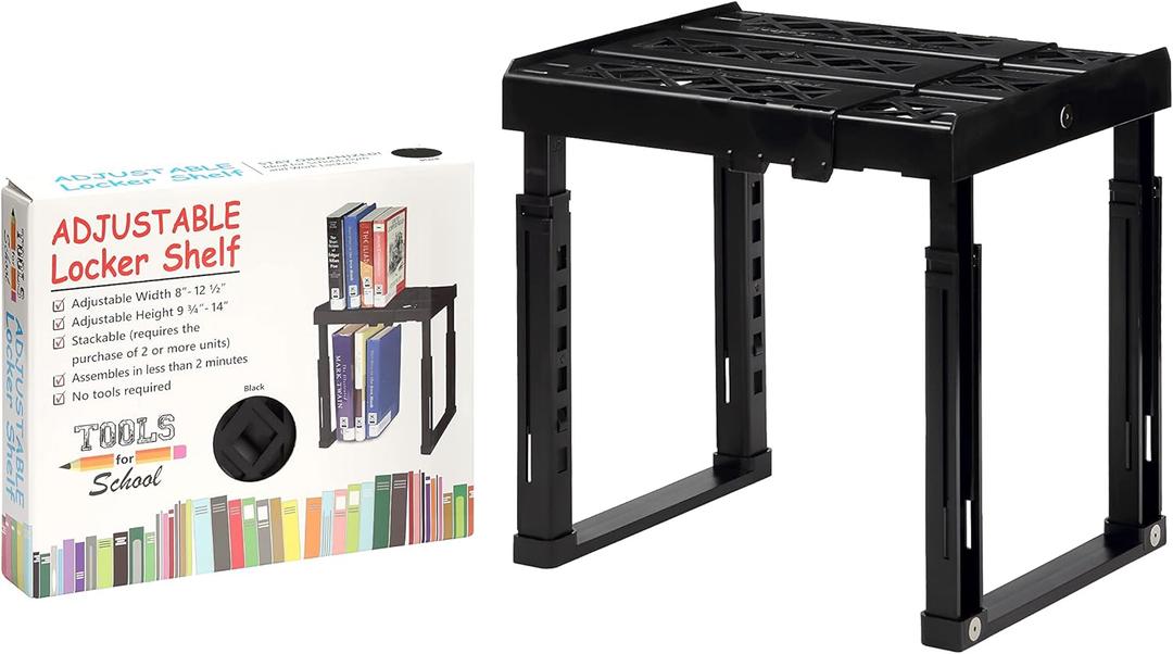 Adjustable Locker Shelf - Strong ABS Plastic - Width Adjusts from 8"-12.5" & Height Adjusts from 9 3/4"-14" - Patented Design - Beware of Cheap IMITATIONS - (Black)