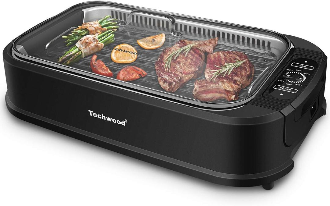 Techwood 1500W Smokeless Indoor Electric Grill with Non-Stick Plates and Tempered Glass Lid - Korean Grill with Temperature Control , Black