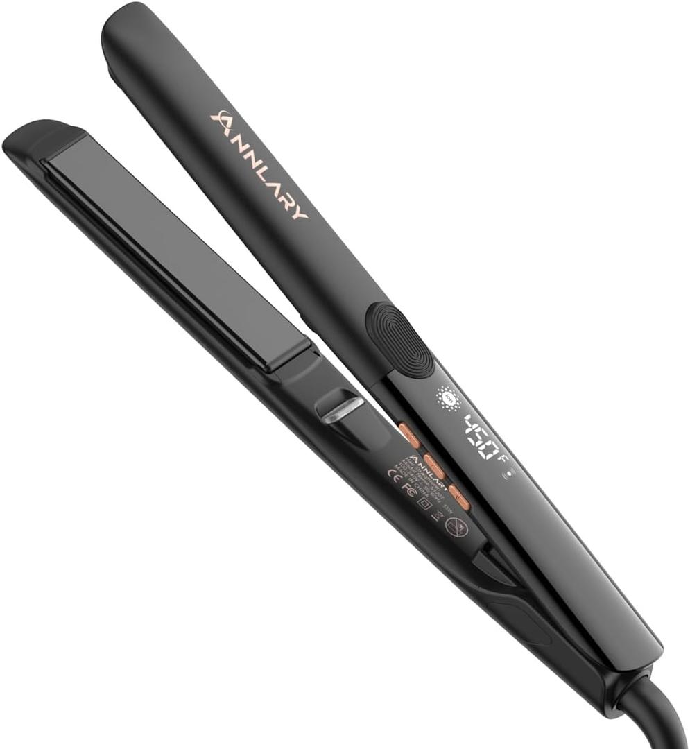 Hair Straightener 1 Inch Flat Iron and Curler 2 in 1 Titanium Ceramic Ionic Dual Voltage Straightener with Heat-Resistant Silicone, for Less Frizz, Shinier & Smoother (Black)