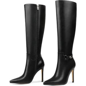 COLETER Women's Knee High Boots Pointed Toe Stiletto Buckle Dress Boots Slouch Zipper Heeled Boots (9, Black Matte)