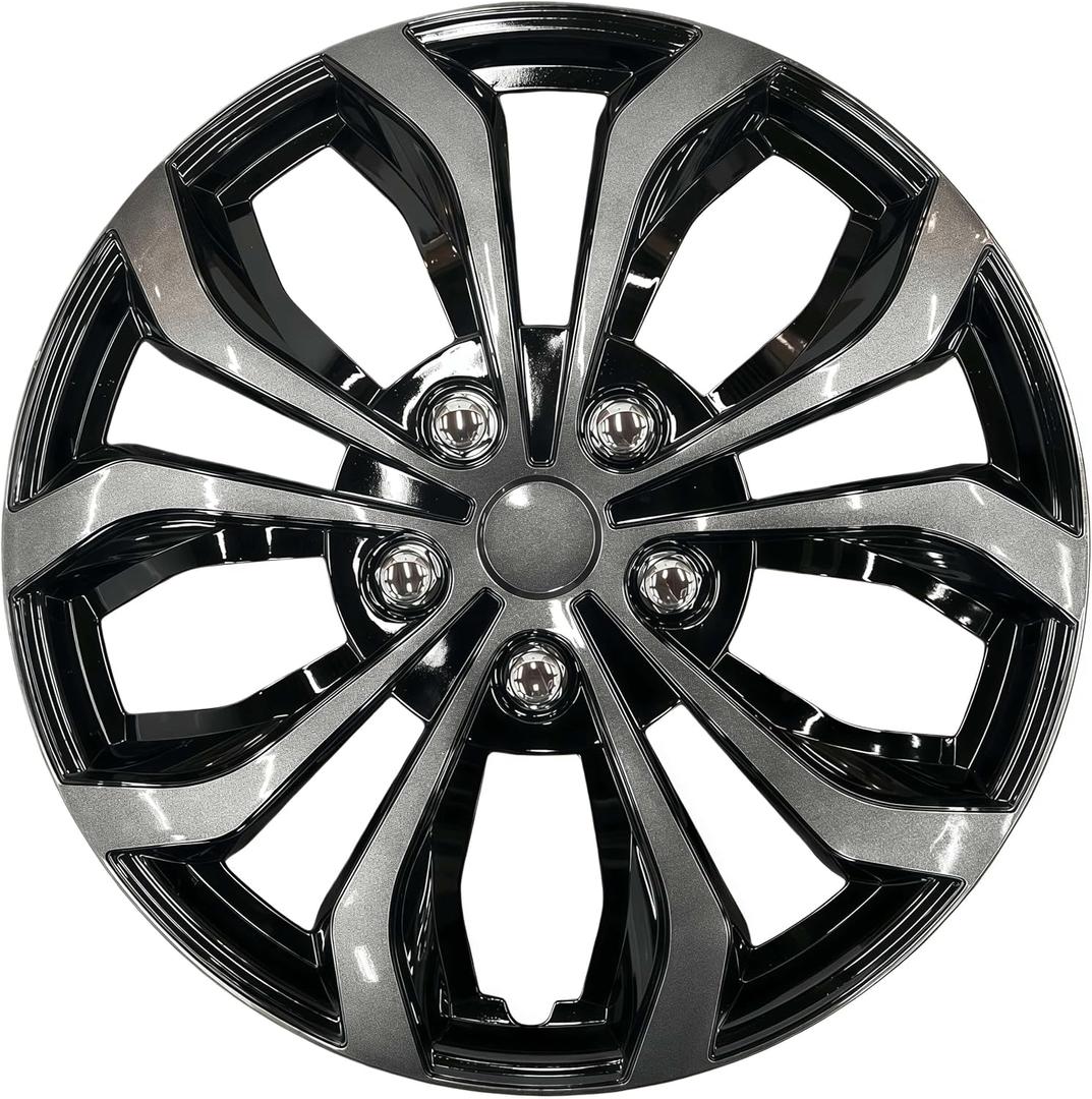 Premium Universal Hubcaps 15 inch, Compatible with Steel Wheels, Set of 4 (Gunmetal Grey-Black)