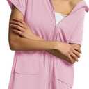 SIORO Zipper Robes for Women Short Sleeve Bathrobes Lightweight House Coat Waffle Knit Knee Length Loungewear with Pockets (Pink, S)