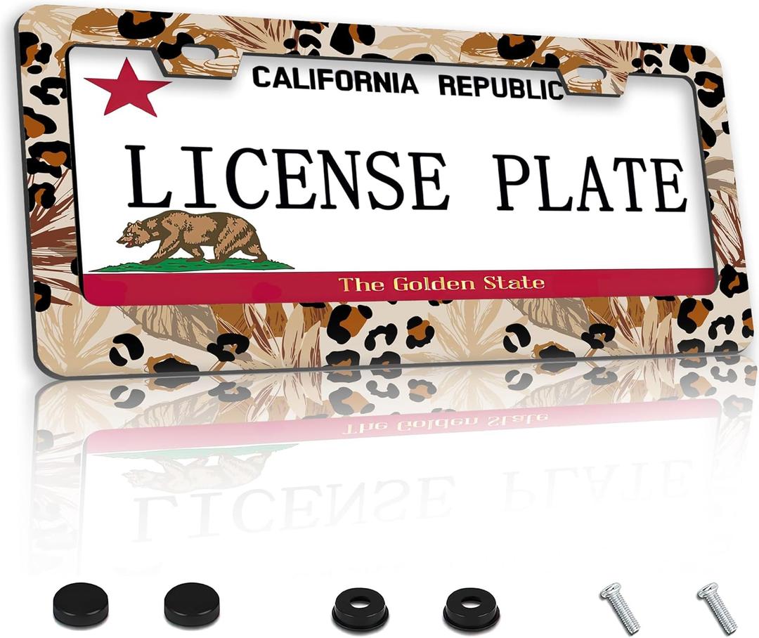 TUBAMQ Leopard Cheetah Print License Plate Frames,Tropical Leaves License Plate Frame Metal Aluminum Rustproof Car Accessories for Us Canada Standard Women Men 2 Holes with Screw Caps LPF-02