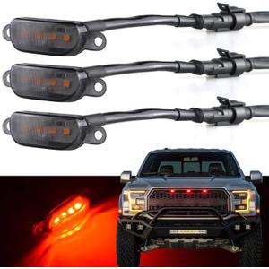 Boigoo Front Grille Marker Light 3PCS 4LED Red Lights Smoked Lens Compatible with 2004-2019 Ford F-150 Raptor and 2013-2018 Dodge Ram 1500 Raptor Aftermarket Grille, Automotive Grid Decoration (Red)