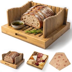 Bamboo 10.5" Bread Slicer for Homemade Bread, Adjustable Bread Cutter Board, Slicing Guide & Serving Board, 2in1 Kitchen Gadget for Sourdough, Artisan Loaves, Boules, Bagels & Cakes (20 Basket Liners)