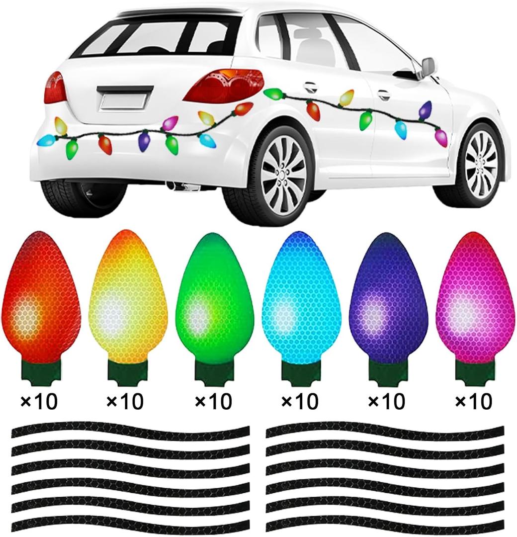 100Pcs Christmas Reflective Car Refrigerator Magnets Decorations Set, 60Pcs Reflective Bulb Light Magnets with 40Pcs Lines Magnetic Car Stickers for Garage Xmas Holiday Birthday Mailbox Decor